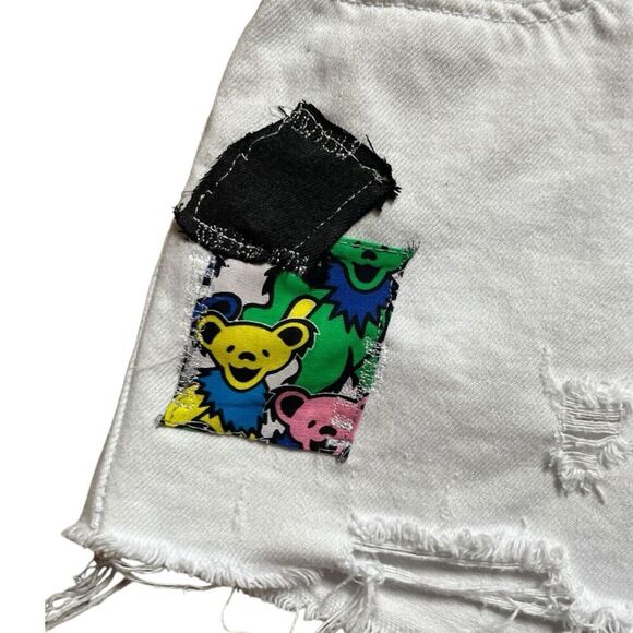 Upcycled High Rise Jean Shorts Reworked Grunge Concert Grateful Dead Bears S 25 - Picture 10 of 15